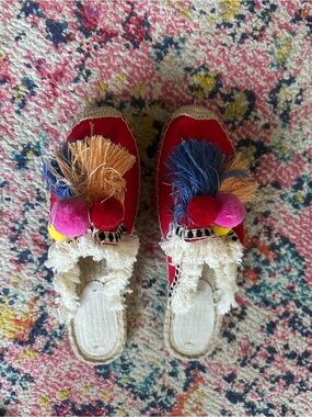 Red Pom-Pom Espadrille Mules with Fringe